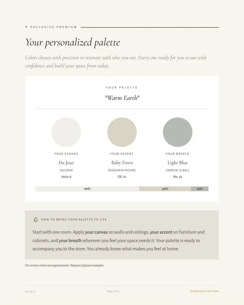 Personalized palette page with the commercial names and codes of each color.