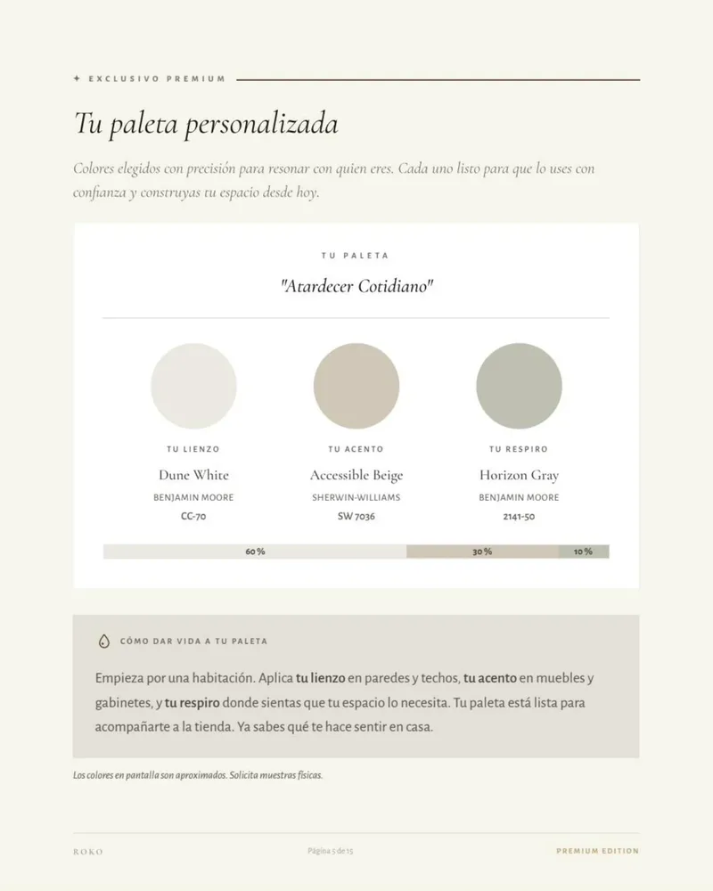 Página de paleta personalizada con los nombres comerciales y códigos de cada color.