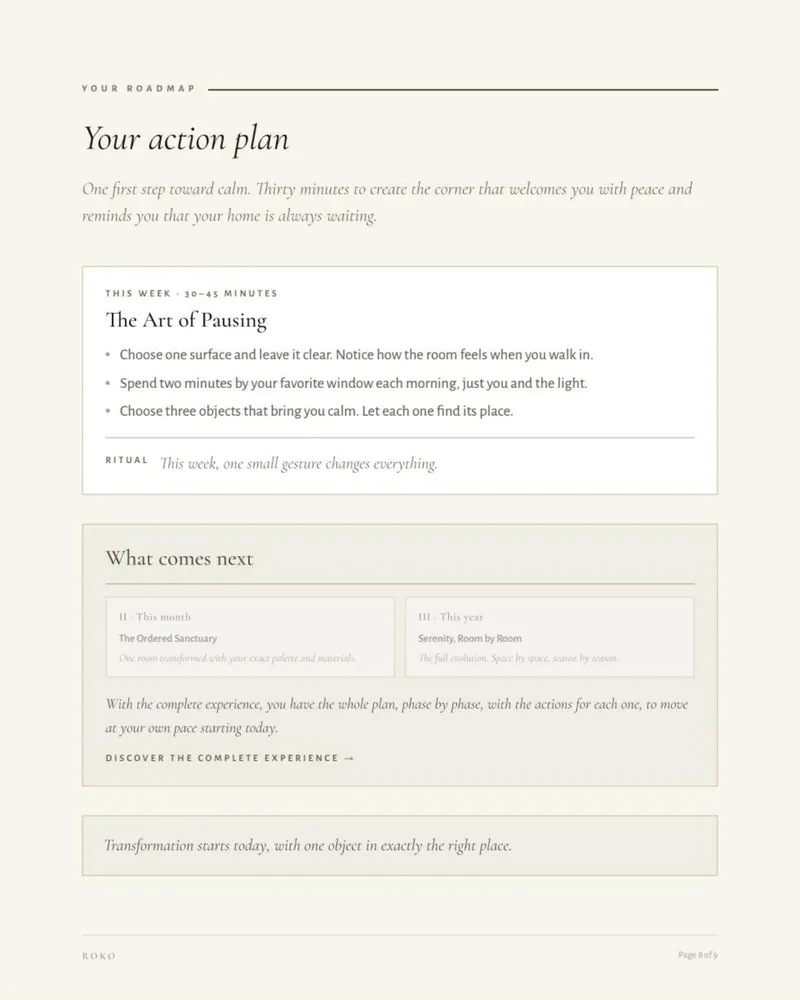 Action plan page with the first steps to transform the space.