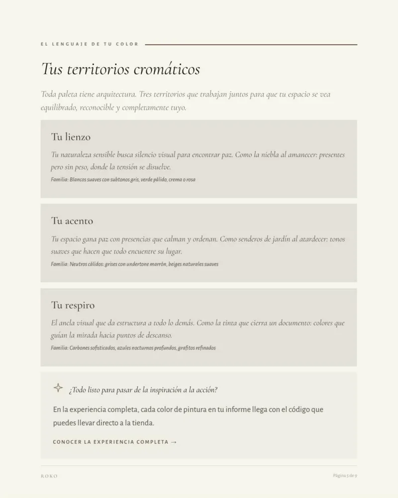 Página de territorios cromáticos con las familias de color recomendadas.