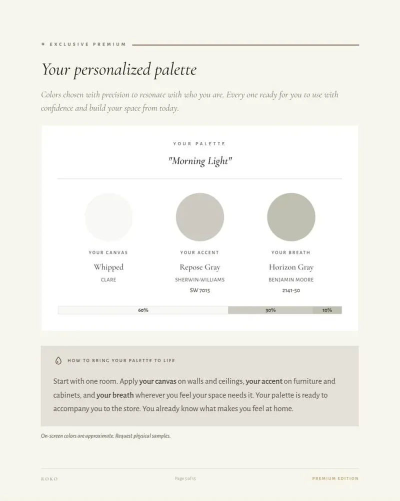 Personalized palette page with the commercial names and codes of each color.