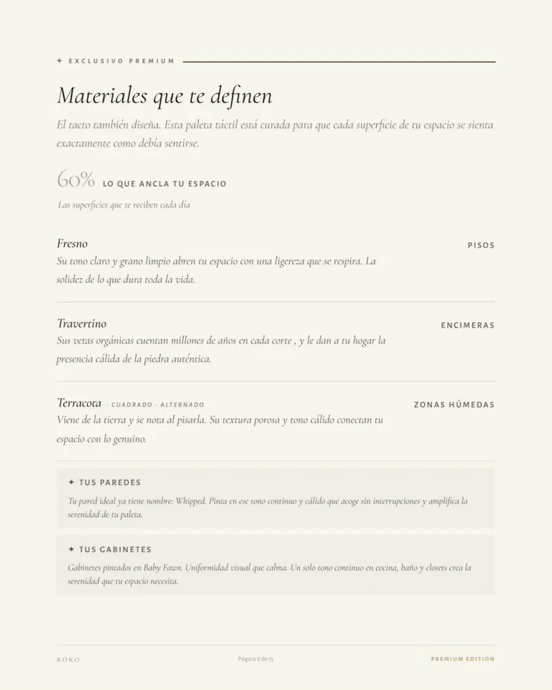 Página de materiales por superficie, con sus nombres y zonas de aplicación.