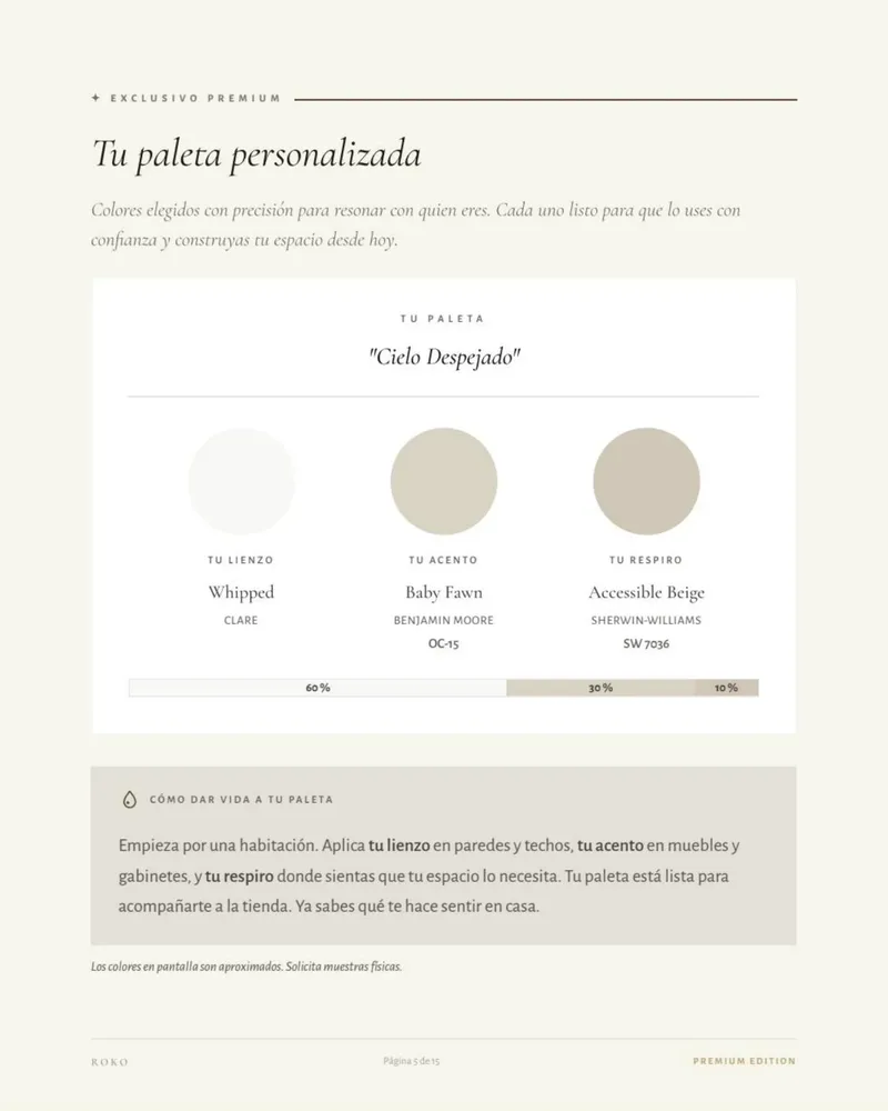 Página de paleta personalizada con los nombres comerciales y códigos de cada color.